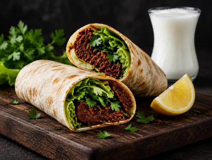 Ortadan kesilmiş, marullu çiğköfte dürüm