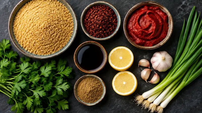 Çiğköfte malzemeleri: ince bulgur, isot, salça, nar ekşisi, maydanoz ve limon