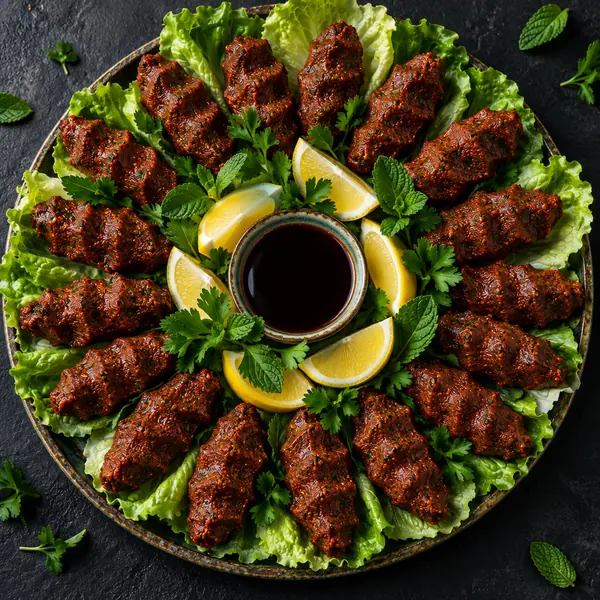 Marul yaprakları üzerinde, ortasında limon dilimleri olan çiğköfte tabağı
